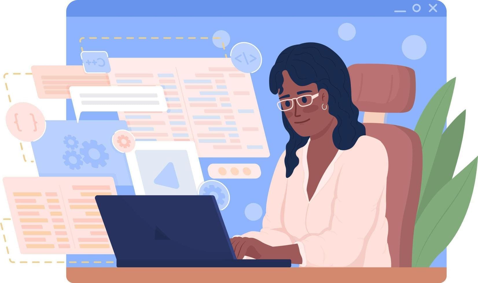 Illustration of a woman with glasses working on a laptop at a desk, surrounded by digital elements like lines of code, gears, and data charts, indicating a tech or programming environment. The scene symbolizes productivity and focus in a workspace necessary para TI. CodersLink 2024.