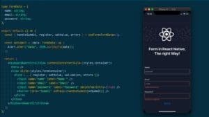 A dark-themed screen displays code on the left, related to form handling in React Native using the `useFormData` hook. On the right, a mobile UI shows a form with fields for email and password, and a login button. The form's header reads "Form in React Native, The Right Way!"—perfect for streamlined React proyectos. CodersLink 2024.