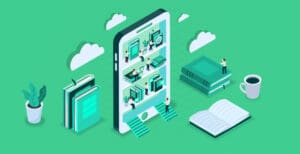 Illustration of a large tablet in the center, resembling a bookshelf with people interacting with various books and icons. Surrounding the tablet are stacks of books, an open book, a coffee cup, and a potted plant. The background is green with clouds. CodersLink 2024.