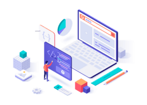 Illustration of a desarrollador web interacting with a large laptop displaying a web browser. Surrounding the laptop are various elements including code snippets, graphs, cubes, gear icons, and pencils, representing aspects of cómo se realiza el trabajo de web development y programming. CodersLink 2024.