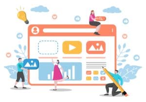 Illustration of a web design concept. People with tools like a pencil and image icons work on a giant web page, arranging elements like photos, videos, and graphs. A desarrollador web sits on the top right, looking through a magnifying glass. Light bulbs and thumbs-up icons are around. CodersLink 2024.