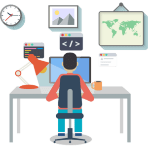 Illustration of a person sitting at a desk with a computer, coding. Surrounding the workspace are various elements, including a table lamp, clock, picture frame, map, coffee mug, and coding icons. The person is viewed from behind, focused on the screen—pondering "¿Cómo saber si eres desarrollador senior? CodersLink 2024.