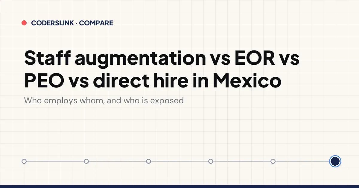 Truth table comparing staff augmentation, employer of record, PEO or shelter and direct hire in Mexico on contract holder, classification decision, IP assignment and who carries the exposure