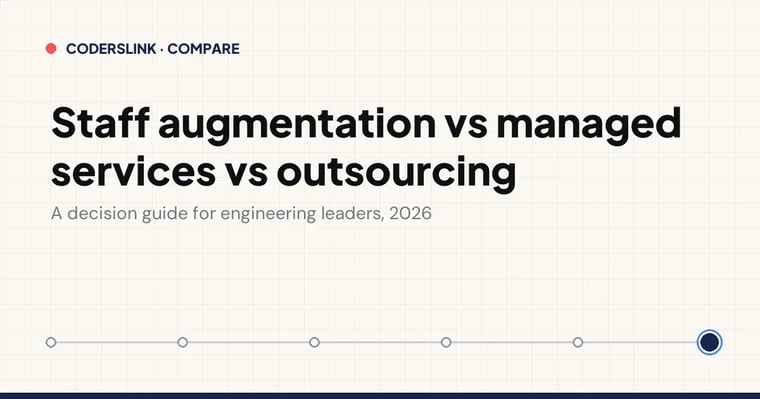 Cover card: staff augmentation vs managed services vs outsourcing, a 2026 decision guide for engineering leaders comparing control, cost driver and risk owner
