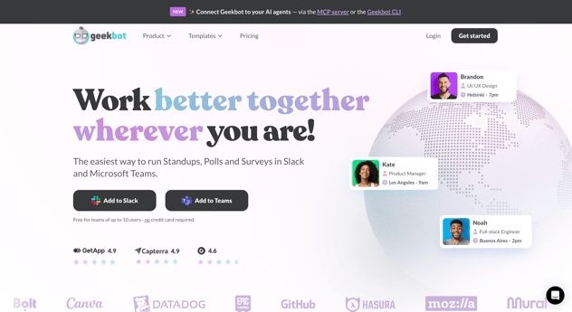 Geekbot website homepage showing its async standup tool for Slack and Microsoft Teams