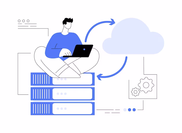 Illustration of a person sitting cross-legged on a stack of servers, working on a laptop, with arrows indicating data flow to and from a cloud, symbolizing cloud computing and data synchronization.