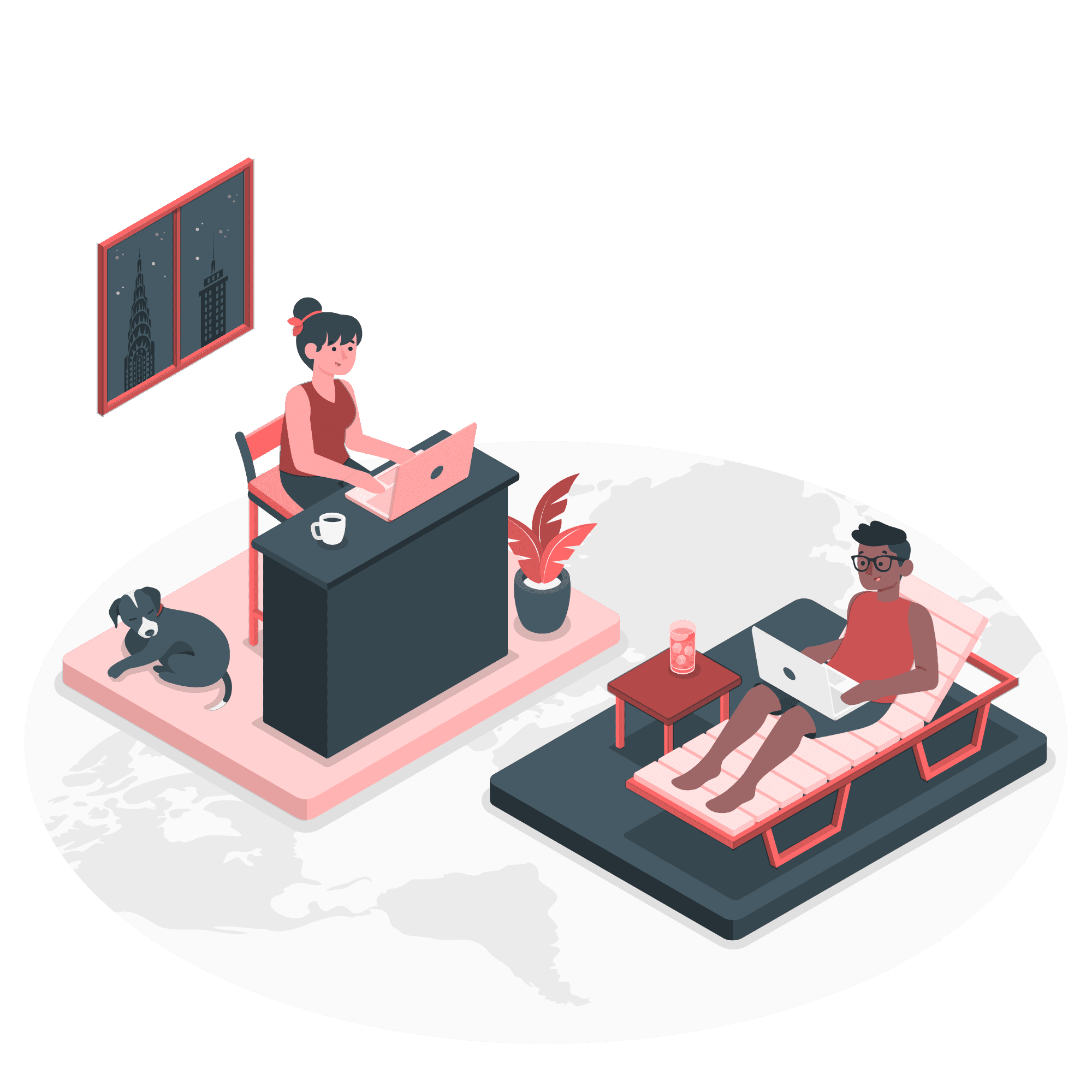 developers working remotely in different parts of the world illustration