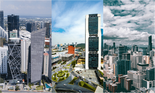 A collage of three different cityscapes. The left section shows modern high-rise buildings with unique architectural designs. The center section showcases a prominent skyscraper in a bustling city. The right section displays another urban skyline under a partly cloudy sky. CodersLink 2024.