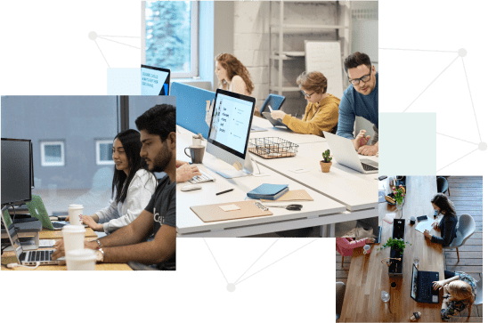 A collage of three images shows people working on laptops in different settings: a pair collaborating at a desk, four individuals working at a table, and a person working alone at a wooden table. They are connected by white lines and dots on a green background. CodersLink 2024.