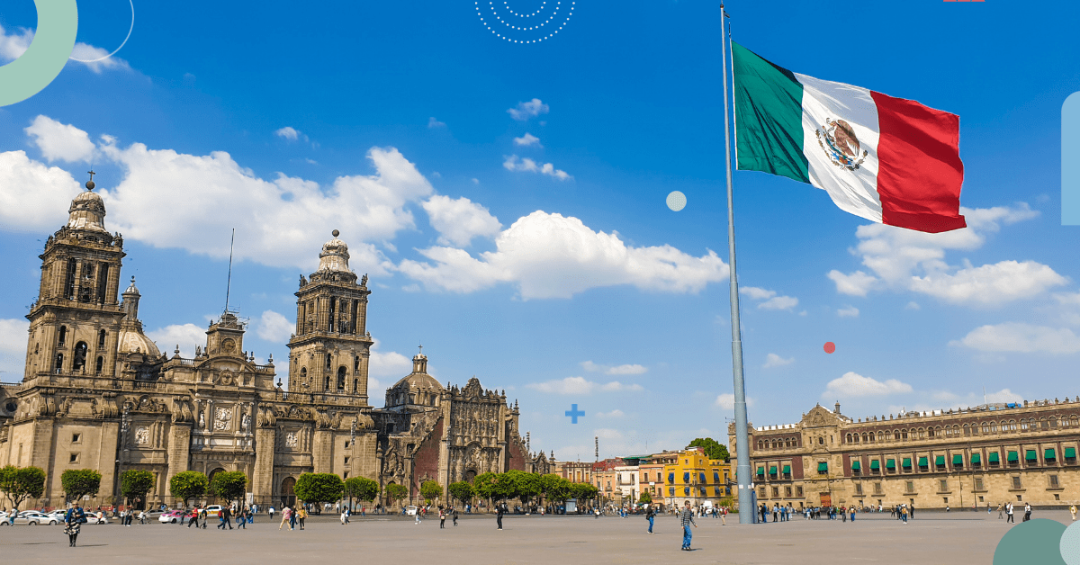 Mexico City center with flying Mexico flag