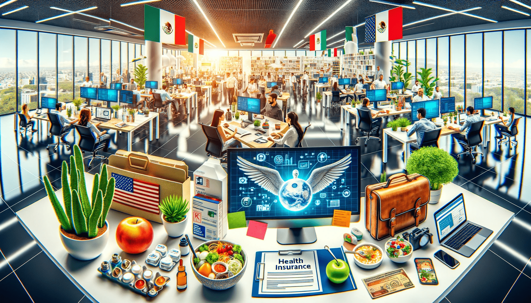 A vibrant office with many employees seated at workstations, computer monitors displaying various screens. The foreground has a desk with a cactus, an apple, pills, a health insurance brochure, and various office supplies. The background hints at recruitment process outsourcing with flags of Mexico. CodersLink 2024.