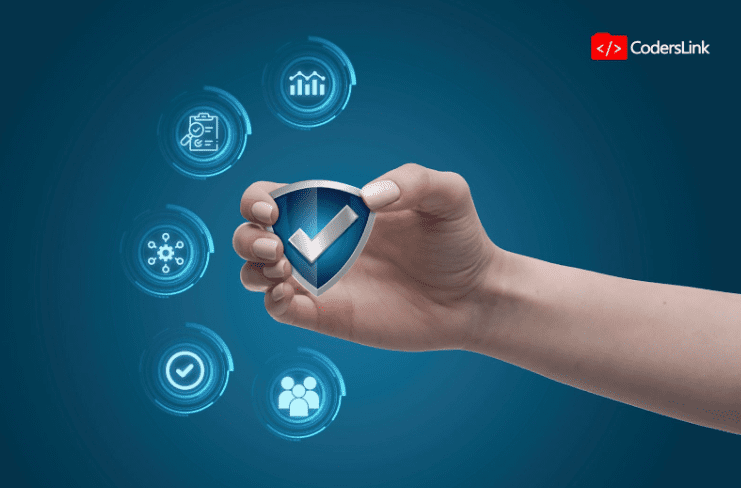 La importancia de las Certificaciones en la industria de TI en México y cómo afectan los sueldos de los profesionales. A hand holds a blue shield with a checkmark in the center against a blue background. Surrounding the shield are icons representing business growth, team collaboration, networking, and user profiles. A logo with "CodersLink" is at the top right corner, highlighting sueldos in the industria de TI. CodersLink 2024.